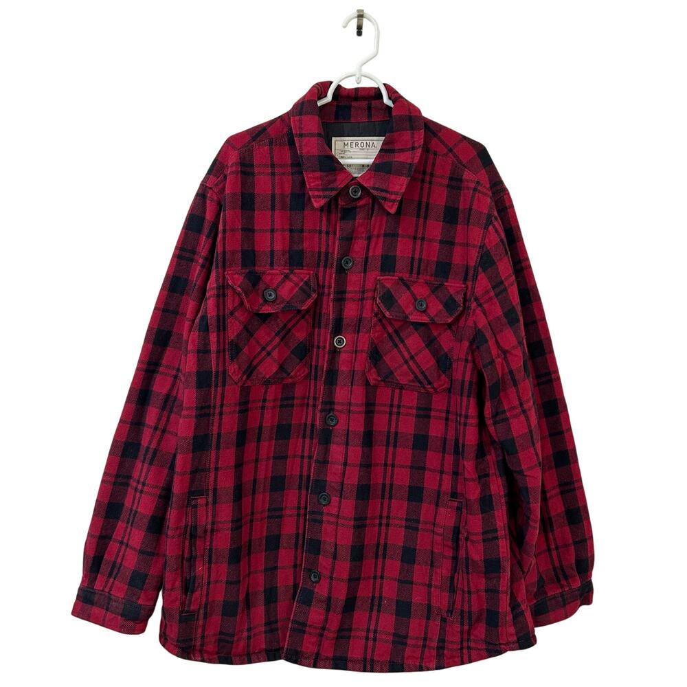 Merona Mens Size XL Red & Black Plaid Heavy Lined Button Down Shirt Jacket Y2K